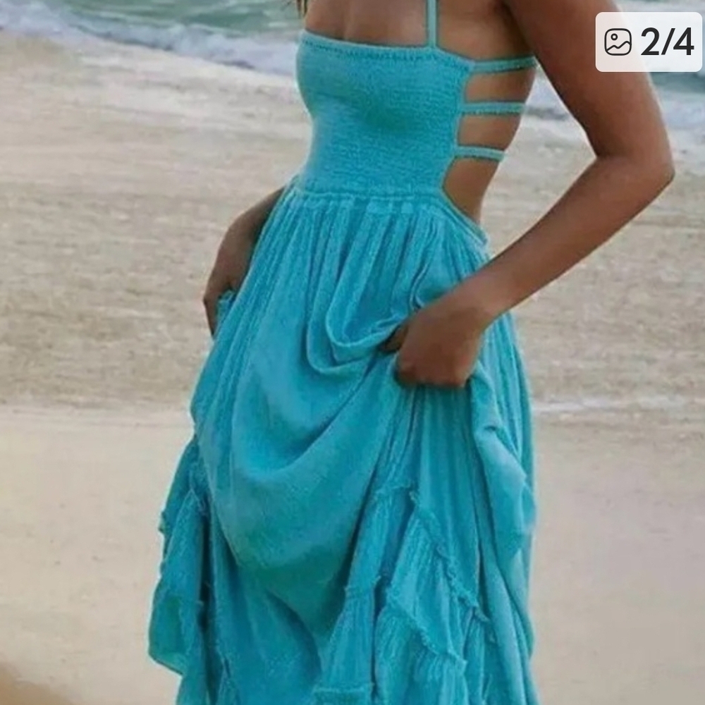 Smocked Strappy Turquoise Maxi Dress - Women's Summer Sundress